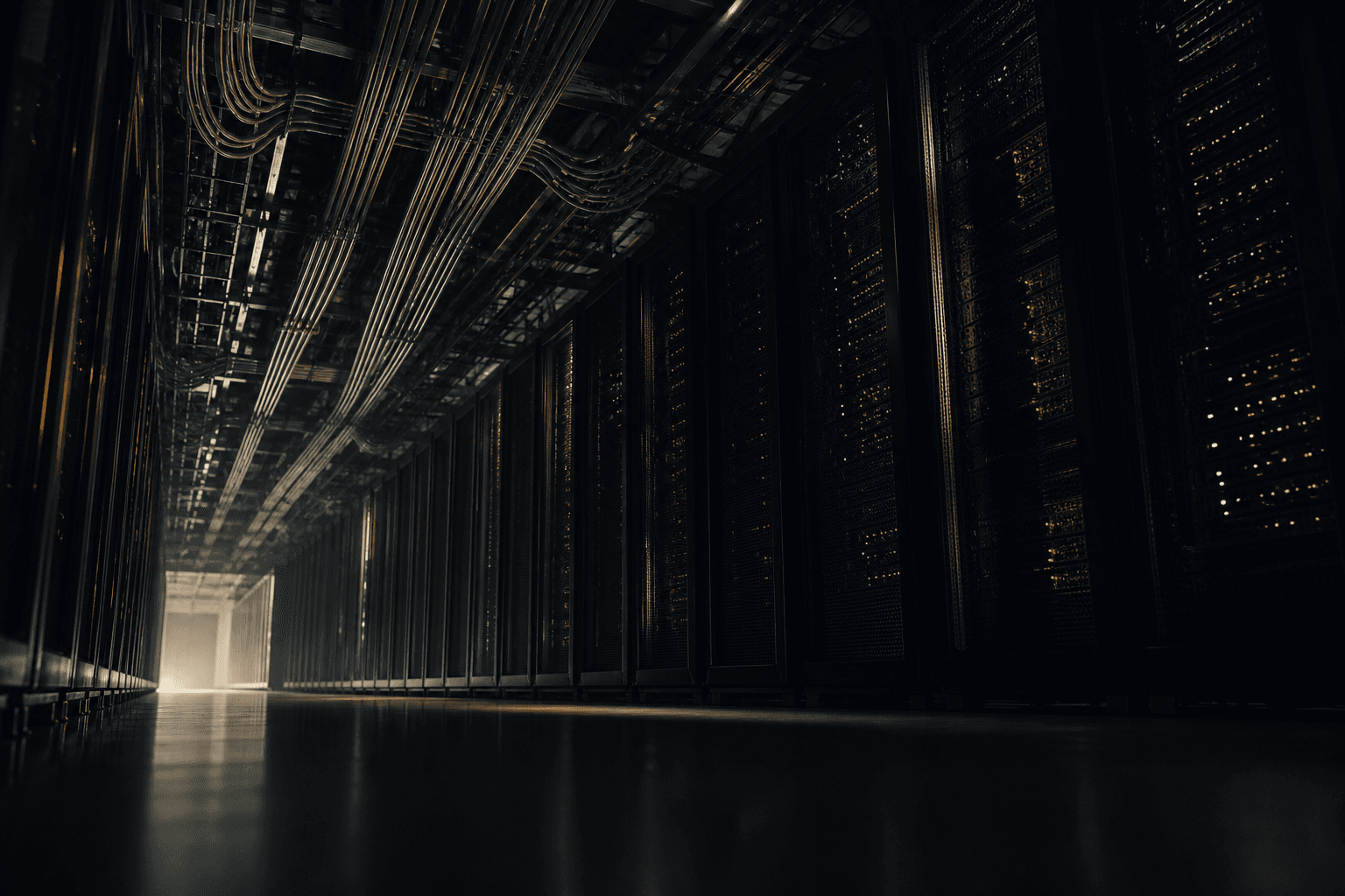 Long corridor of equipment cabinets and overhead fibre trays in a dark data centre hall