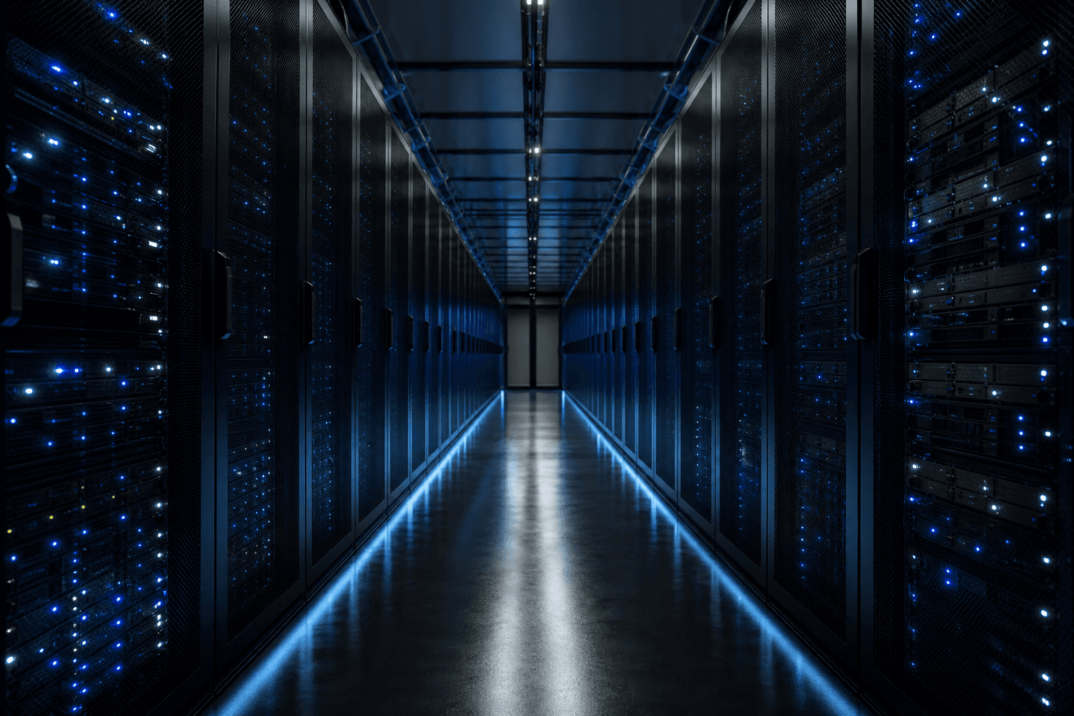 Cold aisle between two rows of server racks in a European data centre